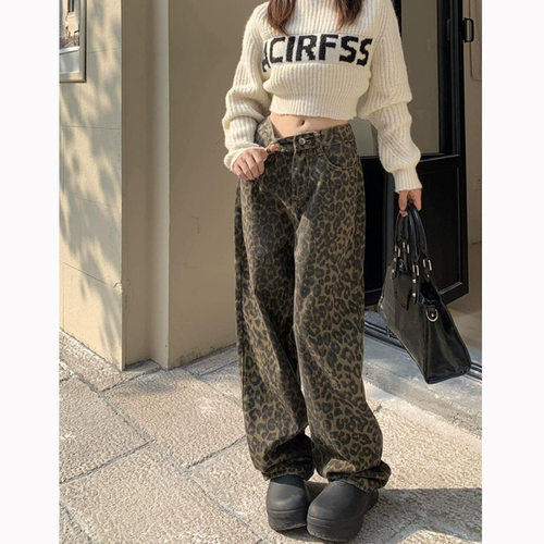 american vintage leopard print jeans female autumn winter