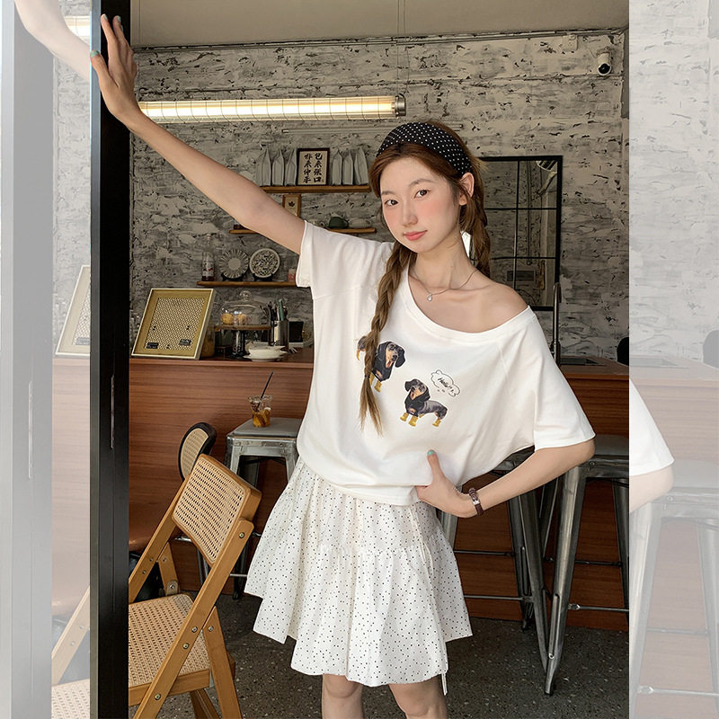 women sexy off shoulder t-shirt female crop top美式腊肠狗