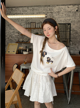women sexy off shoulder t-shirt female crop top美式腊肠狗