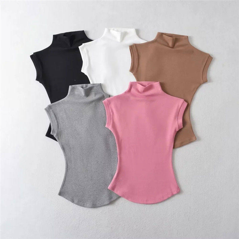 women sexy turtleneck sleeveless t-shirts tops solid slim