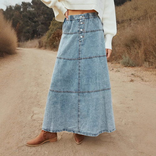 Women Light Blue Denim Skirt High Waist A-line Plated Skirts