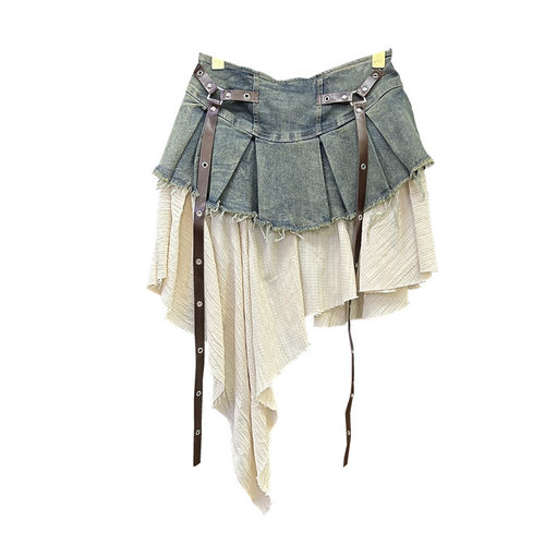 Retro Spliced Denim Pleated Skirt for Women Summer Hot Girls