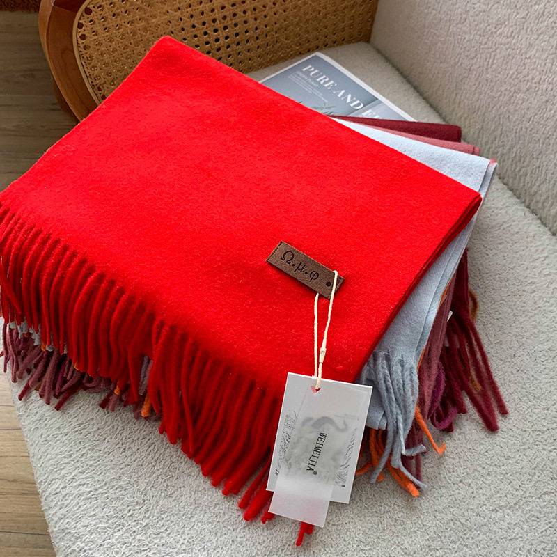women scarf秋冬纯色羊毛红围巾女时尚百搭单色披肩会送礼刺绣