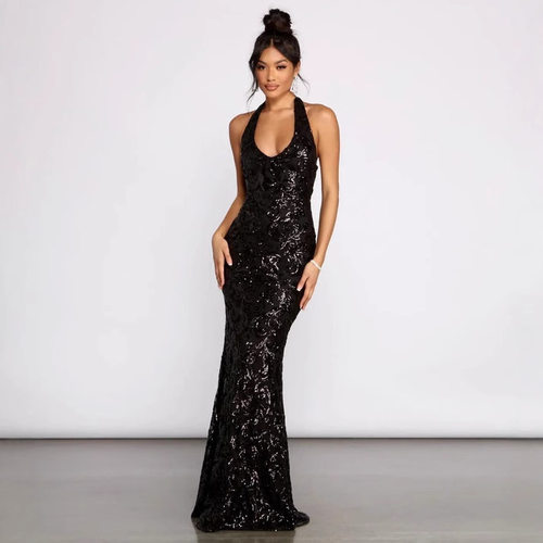 Sexy Deep V Dress Women's Shiny Sequin Bodycon Dress女裙黑色