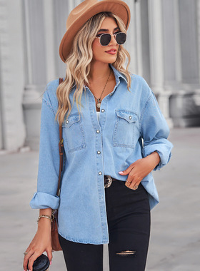 stylish denim shirt women欧美新款浅色显瘦薄款牛仔长袖衬衫女