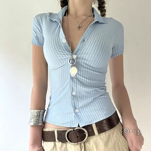 Blue Women Collar Slim Shirts Sleeve Short Stripe Button
