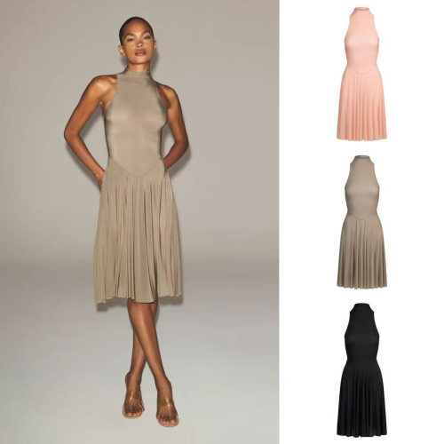 High Neck Tank Dress Women Waist Cinched Knee-length Dresses
