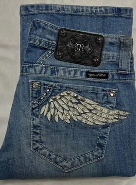 Y2k Rhinestone Wing Jeans Womens Slim Low Rise Denim Pants女