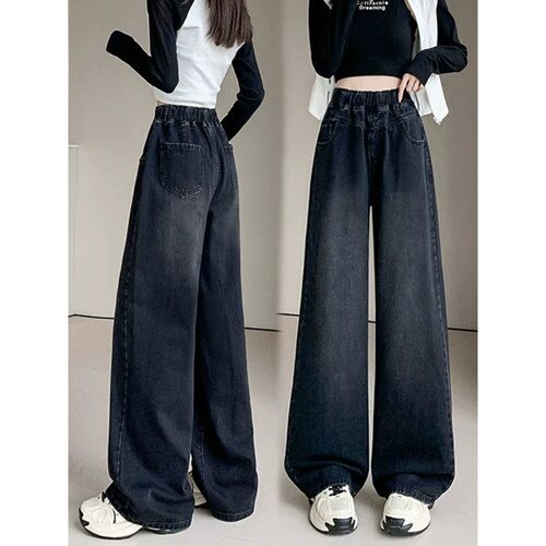 Fashion High-Waisted Wide-Leg Jeans Tween Girls Streetwear女