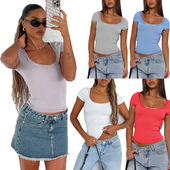 纯色花边春夏方领休闲y2kt恤短袖 women top新款 修身 tshirt crop