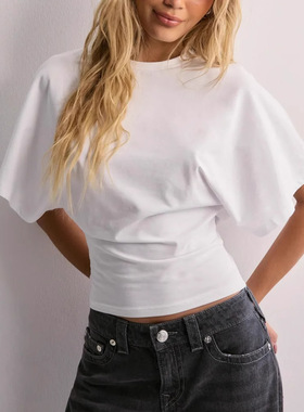 Women Solid Color tshirt Cinched Waist Slim Crop Tops短袖t女