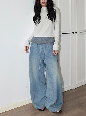 low rise foldover jeans baggy Y2K Hip-Hop Female denim pants
