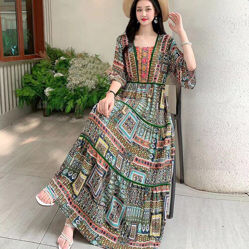 long dress women maxi vestidos boho beach民族风绣花连衣裙女