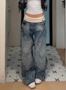 womens foldover jeans low rise baggy美式辣妹螺纹腰头牛仔裤女