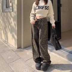 women vintage leopard print jeans female denim pants trouser