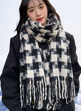 women scarf新款格子围巾冬季韩系百搭保暖氛围感蓝色学生披肩感