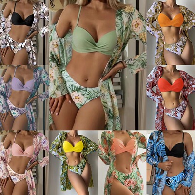 bikini swimsuit欧美泳衣新款长袖性感三件套网纱罩衫比基尼