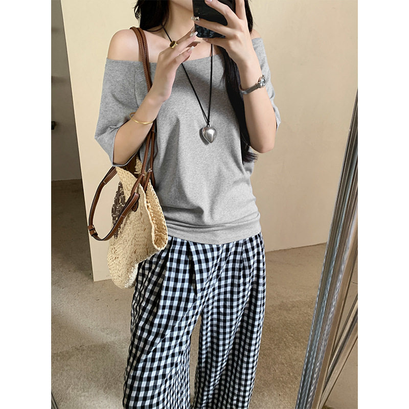women sexy off shoulder t-shirt lady crop top一字肩灰色220