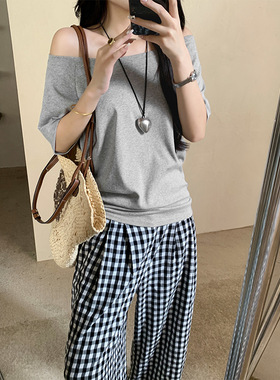 women sexy off shoulder t-shirt lady crop top一字肩灰色220