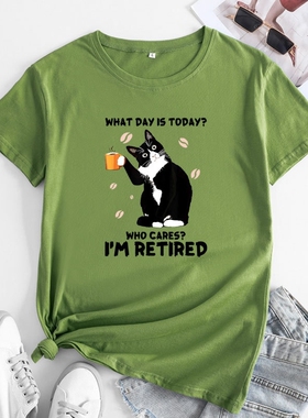 Women Cotton tshirt 女装宽松猫字母印花纯棉退休短袖T恤Retired