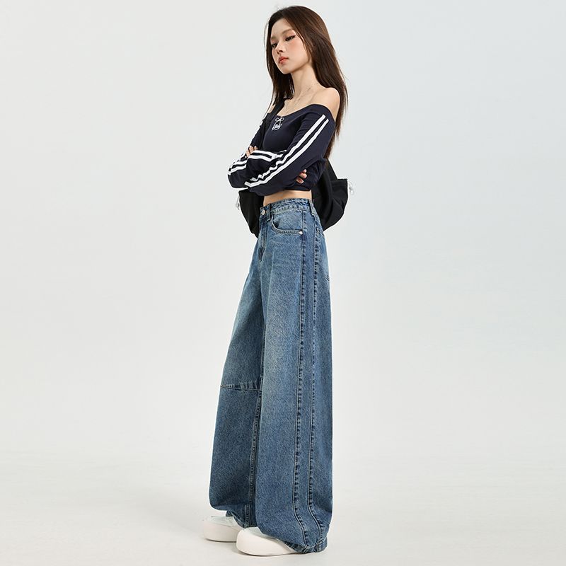 american style denim pants wide leg jeans trousers同款蓝色
