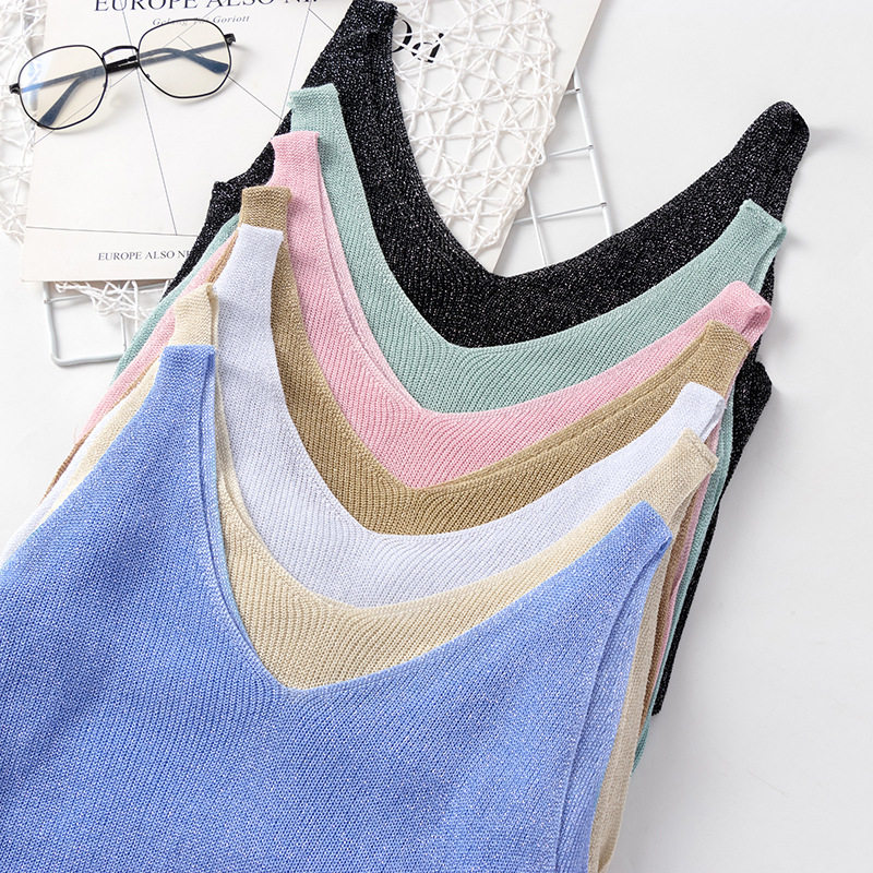 knitted vest sleeveless t-shirt新款针织吊带衫纯色v领宽松亮线