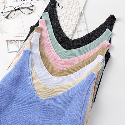 knitted vest sleeveless t-shirt新款针织吊带衫纯色v领宽松亮线