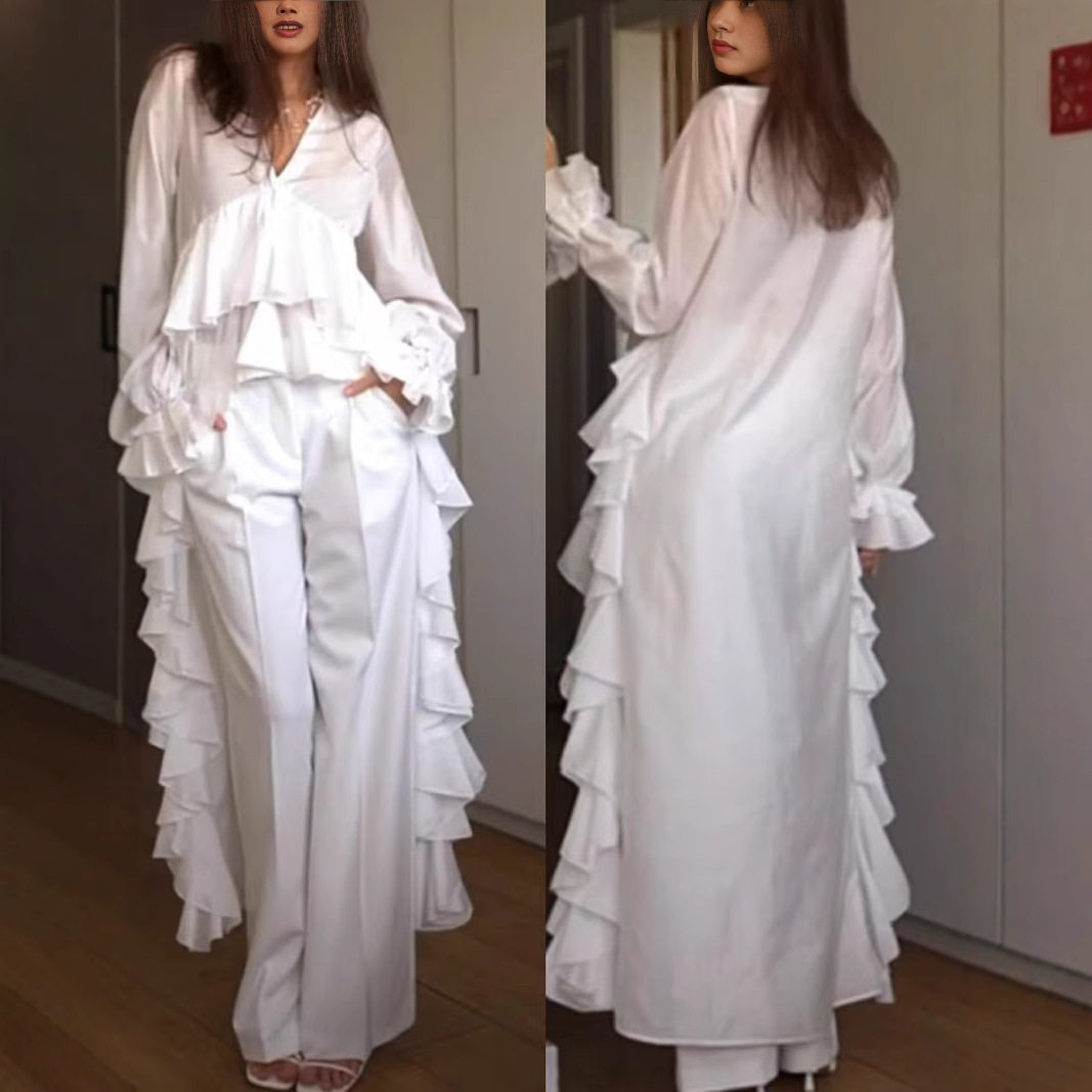 Women Blouse VNeck Blouse Long Sleeve Shirts Spliced Ruffles