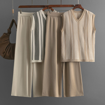 knitted vest sleeveless t-shirt pants条纹v无袖针织背心阔腿裤