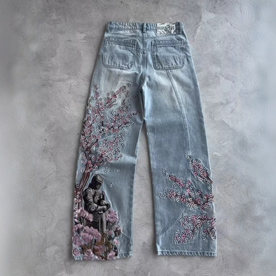 women baggy jeans man denim pants重工花牛仔裤男女同款y2k高街