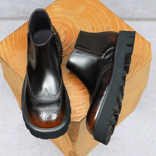 欧美圆头亮面皮靴牛皮潮靴雕花时装 靴子 2025冬季 厚底切尔西靴男款