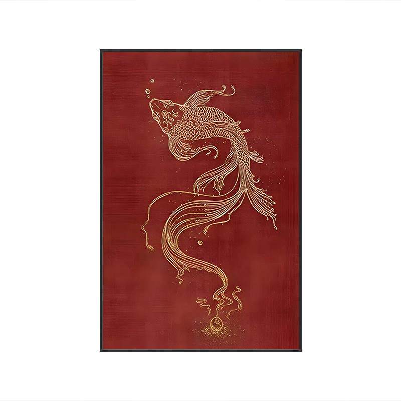 新中式卧室客厅装饰画红色鲤鱼中国风禅意茶室玄关壁画竖版挂画