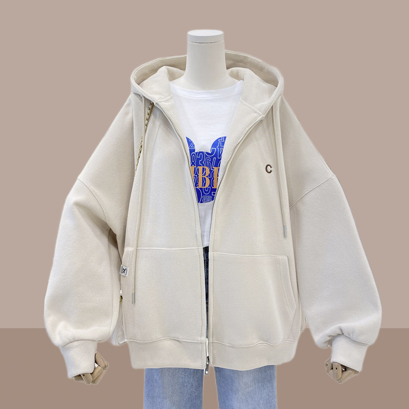 2022连帽卫衣女士短外套加绒加厚春秋冬季新款宽松大码上衣开衫中