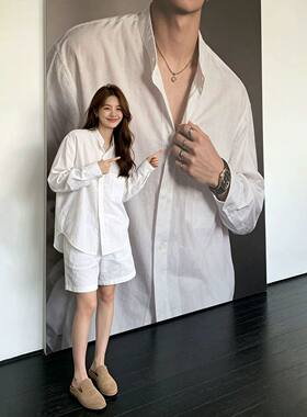 白色套装男女款老钱风长袖衬衫休闲短裤松弛感穿搭一整套搭配