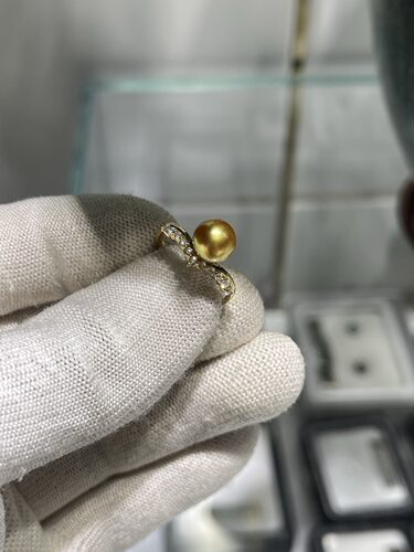 24k色浓金豆戒指正圆7～8mm南洋珍珠皇冠款式设计厚金18k天然钻石