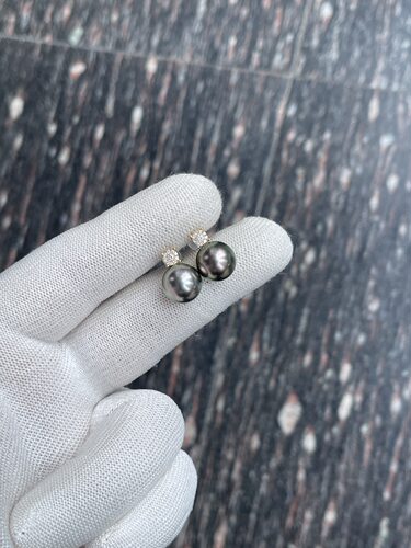完美无瑕！！！ 11.5，11.4mm大溪地孔雀绿耳钉 18k天然钻石镶嵌