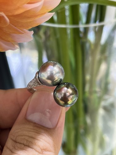 油亮，大溪地双珠戒指10.8，11.2mm