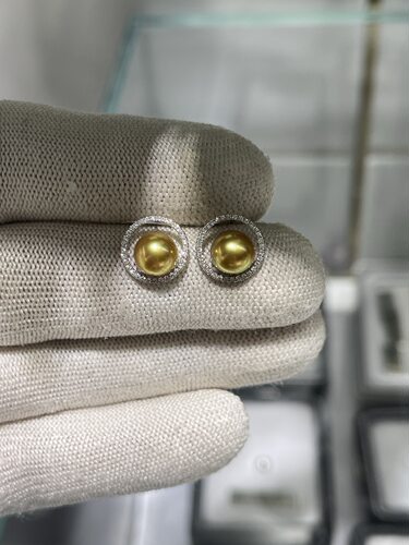 浓金小金豆7～8mm南洋金珠耳钉 经典circle款式设计 18k天然钻石