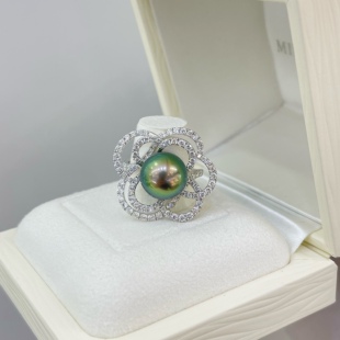 「绽放花朵」绝色炫彩11.6mm大溪地孔雀绿珍珠戒指