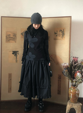 popoup23FW“墨汁” 半高领水墨印花弹力百搭堆堆袖针织打底