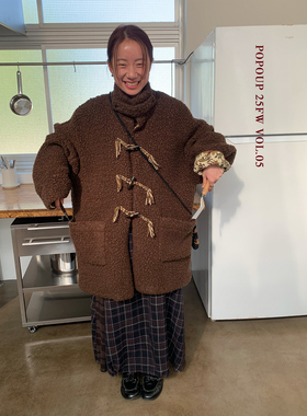 popoup25FW“过冬小熊”杂色大颗粒羊毛斜拼牛角扣外套