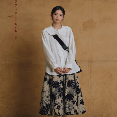 popouo25FW 白色娃娃领长袖衬衫