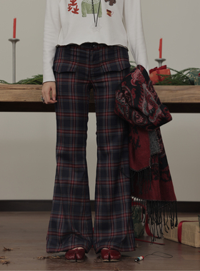 popoup23FW“曼哈顿街区”英伦格纹低腰喇叭休闲裤