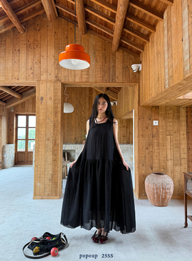 popoup25SS“蚕茧”小方领气质分隔毛边黑色连衣裙