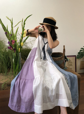 popoup24ss“风铃花”洗水苎麻扎染拼接吊带连衣裙