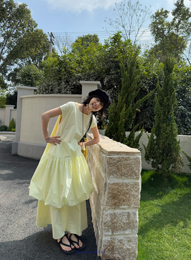 popoup25SS“泡泡”花苞裙两色短袖连衣裙套装