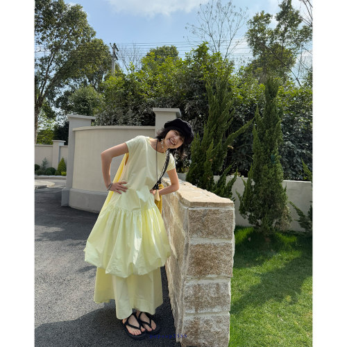 popoup25SS“泡泡”花苞裙两色短袖连衣裙套装