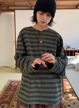 popoup25SS“绿野仙踪”亚麻条纹撞色长袖打底衫