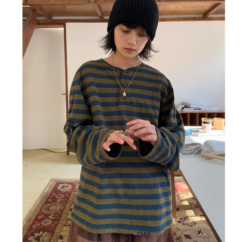 popoup25SS“绿野仙踪”亚麻条纹撞色长袖打底衫