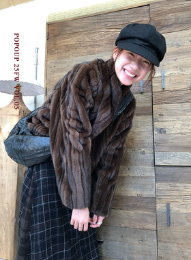 popoup25FW“涉谷女孩”拉条肌理仿中古貂毛小立领短款外套